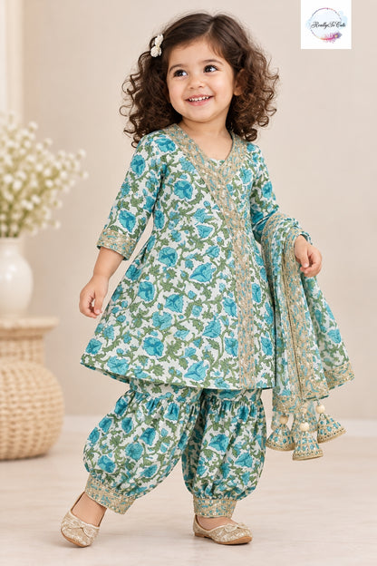 Girls Blue Floral Pure Cotton Kurta & Dhoti Pant Set with Dupatta | 3-Piece Traditional Ethnic Wear