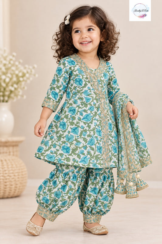 Girls Blue Floral Pure Cotton Kurta & Dhoti Pant Set with Dupatta | 3-Piece Traditional Ethnic Wear