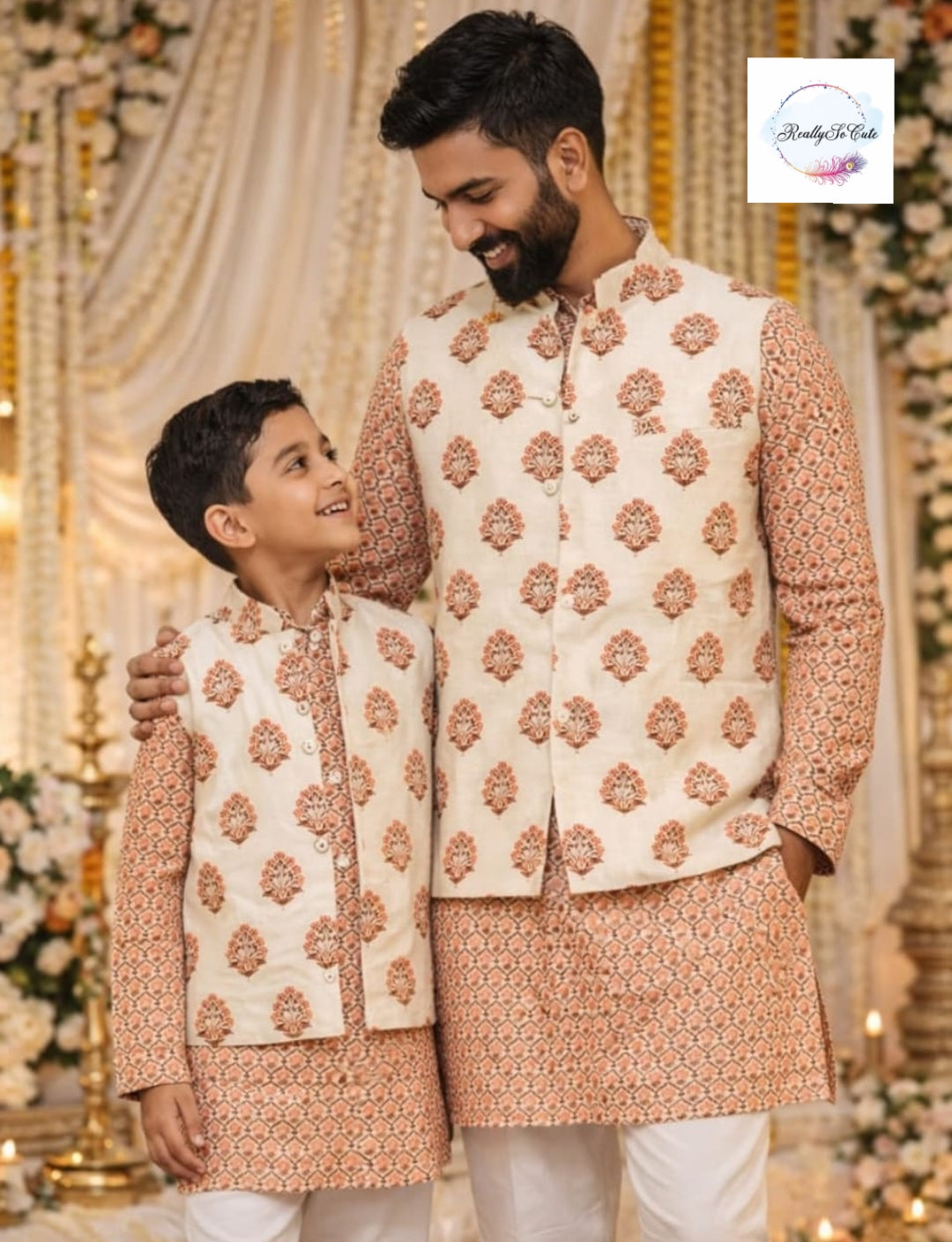 Men's Block print cotton kurta pajama,  kurta set with jacket, Peach Block Print