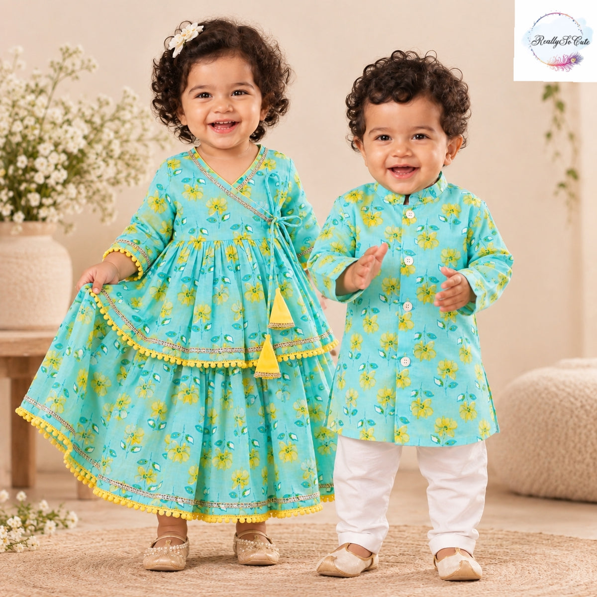 Aqua Floral Pure Cotton Angarakha Dress Set for Girls | 6M–2Y