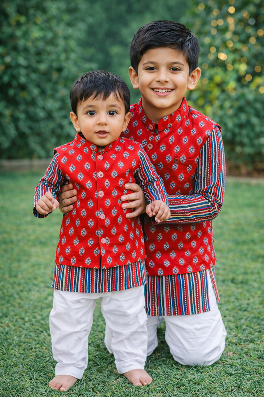 Boys  cotton kurta pajama with jacket, Ajrak red cotton kurta set