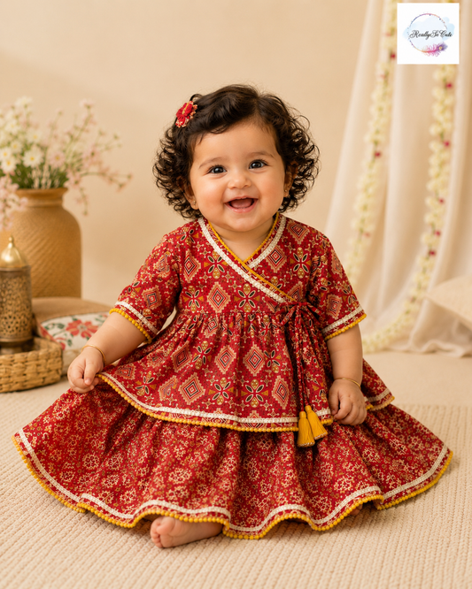 Red Cotton Baby Lehenga Set with Angarakha Wrap Top (0–2Y)