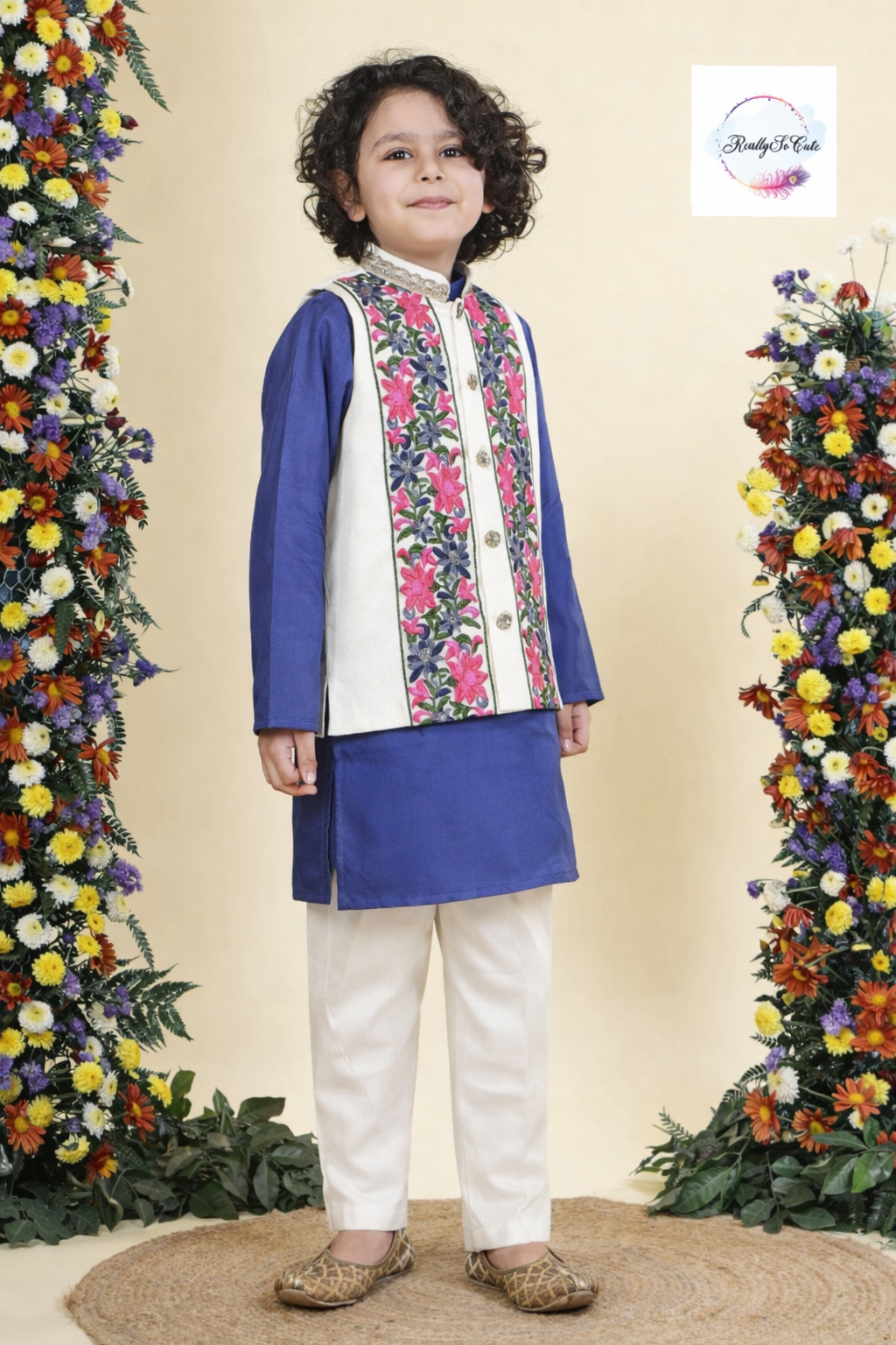 Royal Bloom Chanderi Silk Kurta Set for Boys – Ivory Floral Jacket & Pajama | Sibling Combo Available
