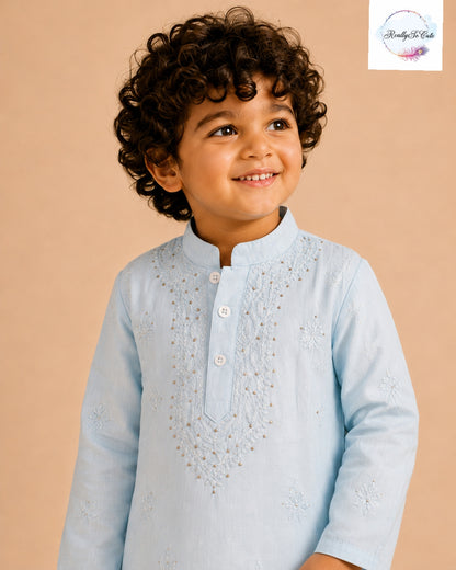 Boys Powder Blue Handwork Chikankari Kurta Pajama Set | Pure Cotton