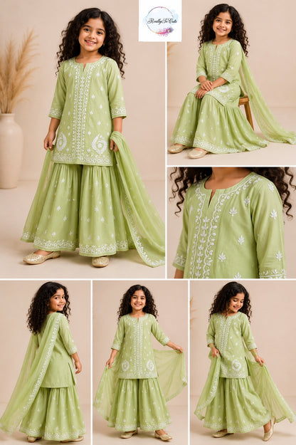 Girls Pistachio Green Chikankari Georgette 4-Piece Sharara Set