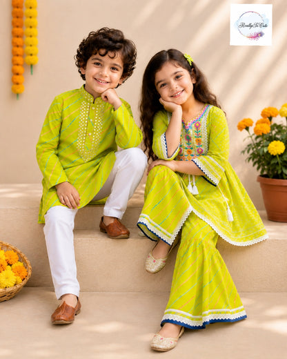 Lime Green Pure Cotton Mirror Work Kurta Pajama Set for Boys