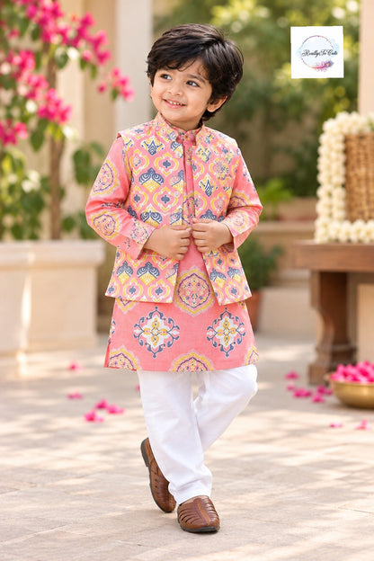 Boys Pure Cotton Printed Kurta Pajama with Nehru Jacket Set  | 1–10 Years