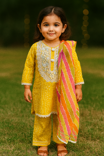 Girls 3 Piece kurti salwar dupatta yellow set
