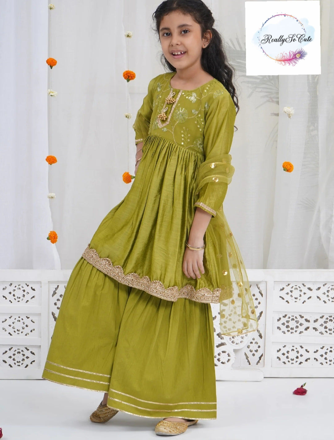 Chanderi girl 3 piece sharara Kurti set