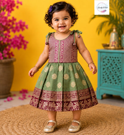 Sage Green & Magenta Pattu Baby Girl Dress with Shoulder Ties | Semi Silk