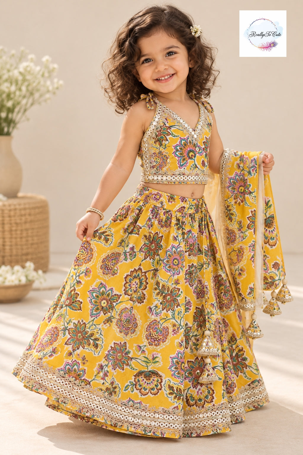 Mustard Yellow Floral Print Girls Chaniya Choli Lehenga Set with Dupatta & Mirror Work