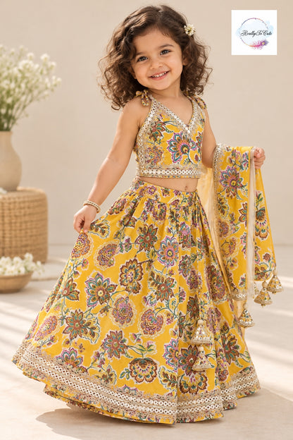 Mustard Yellow Floral Print Girls Chaniya Choli Lehenga Set with Dupatta & Mirror Work