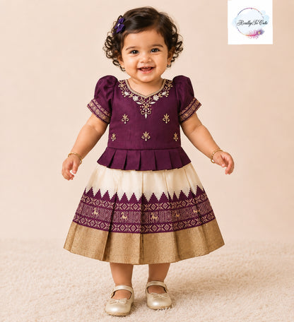 Deep Plum & Ivory Pattu Baby Girl Dress with Handwork | Semi Silk