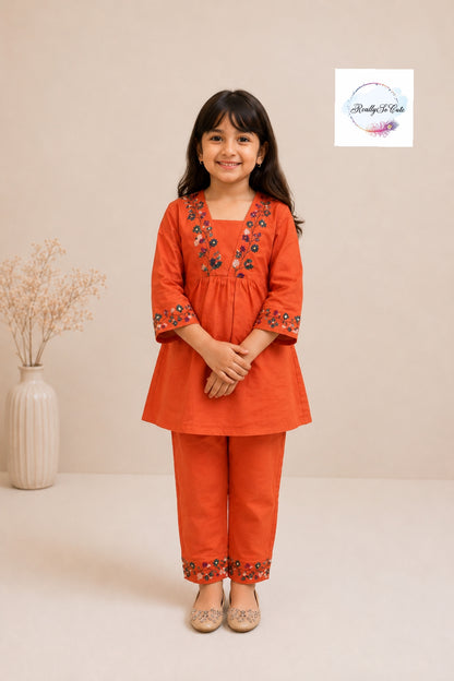 Rust Orange Embroidered Cotton Co-Ord Set for Girls | Matching Mom & Daughter Outfit