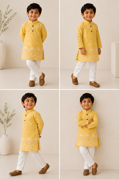Buttercup Yellow Boys Kurta Pajama Set | Pure Cotton Festive Wear| Sibling Matching Outfit | Newborn –15Y