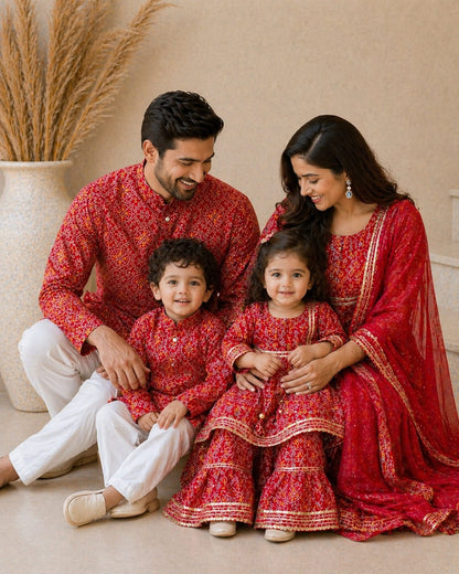 Red Bandhani Print Pure Cotton Men’s Kurta Pajama Set | Ethnic Festive Wear | Sizes S–XXXL | Family Combo Available