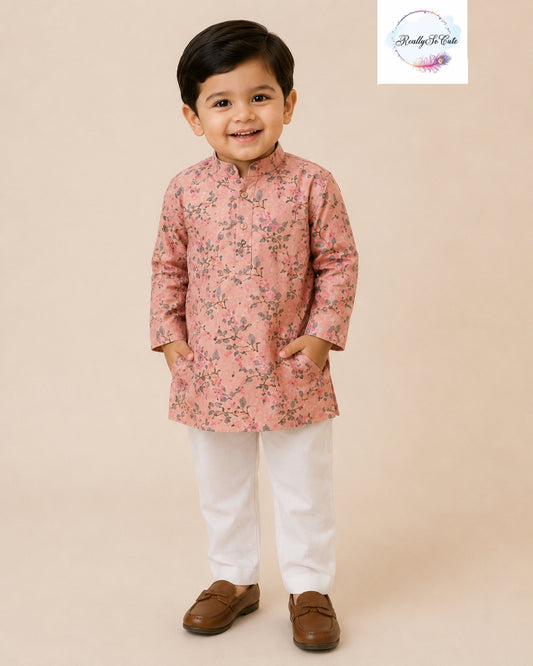 Pink Floral Boys Cotton Kurta Pajama Set | Newborn-15Y | Matching Sibling Outfit