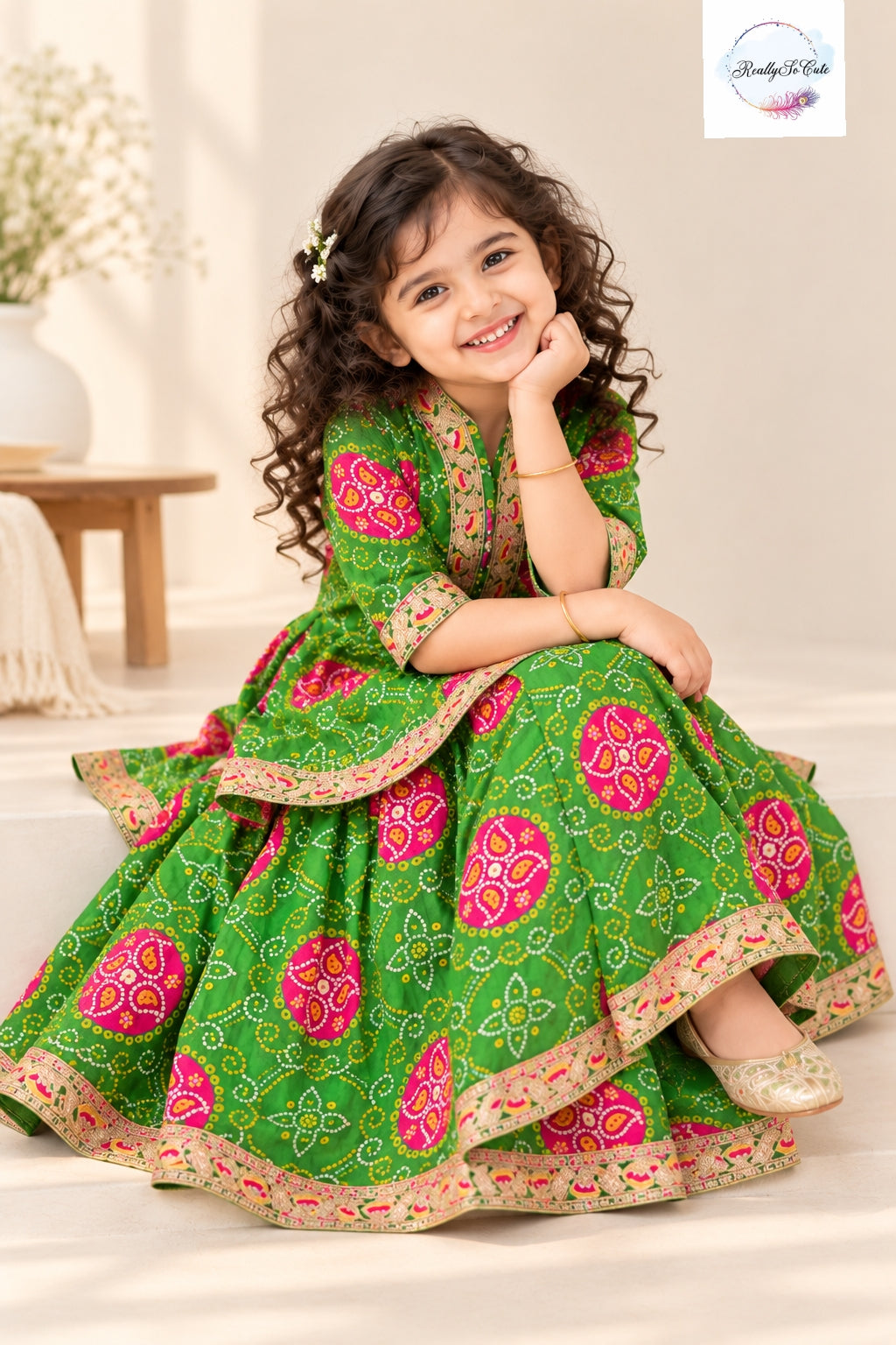 Girls Green Bandhani Print Pure Cotton kurta lehanga Set | 1–5 Years