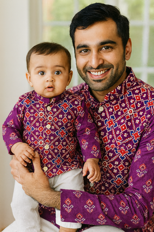 Men's patola print cotton kurta pajama, purple kurta set with jacket