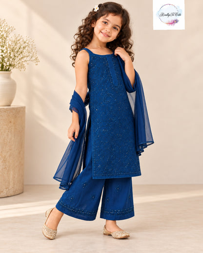 Royal Blue Kids Pure Georgette Handwork Chikankari Set