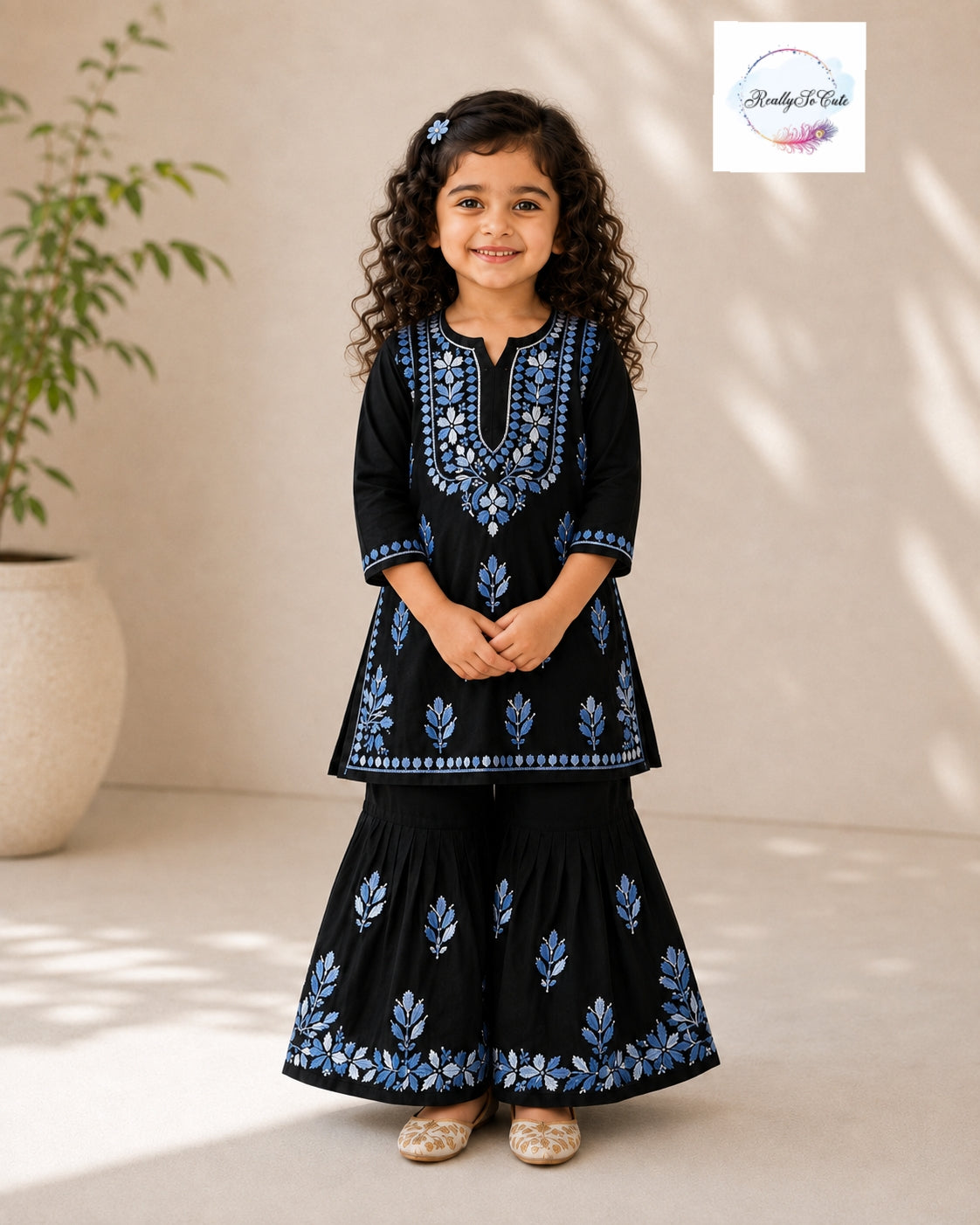 Girls Black & blue Handwork Chikankari Sharara Set | Soft Cotton