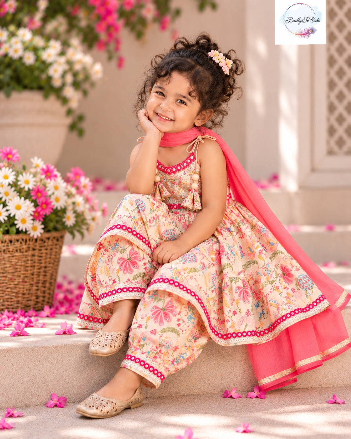 Girls Pure Cotton Floral Tiered Ethnic Set with Dupatta | Sibling Combo