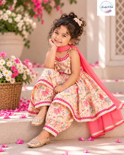 Girls Pure Cotton Floral Tiered Ethnic Set with Dupatta | Sibling Combo