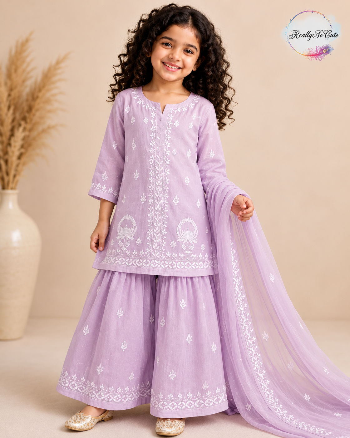 Lilac Bloom Kids Chikankari Sharara Set