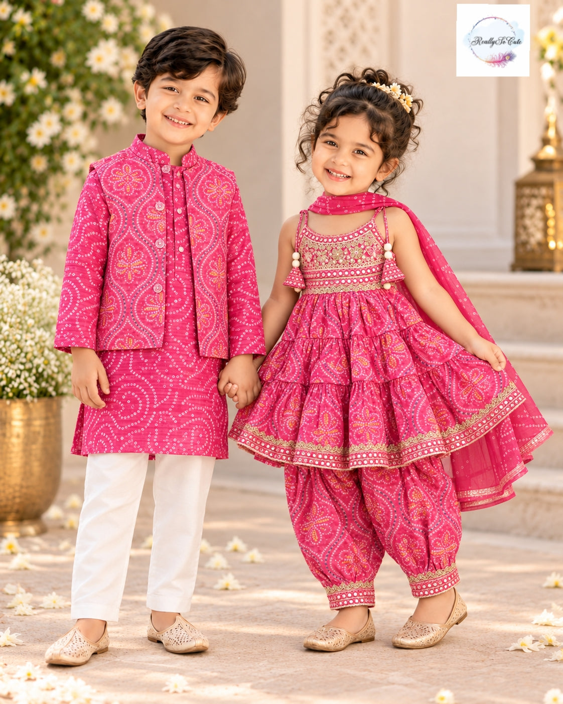 Pink Bandhani Muslin Cotton Afghan Salwar Set, sibling combo