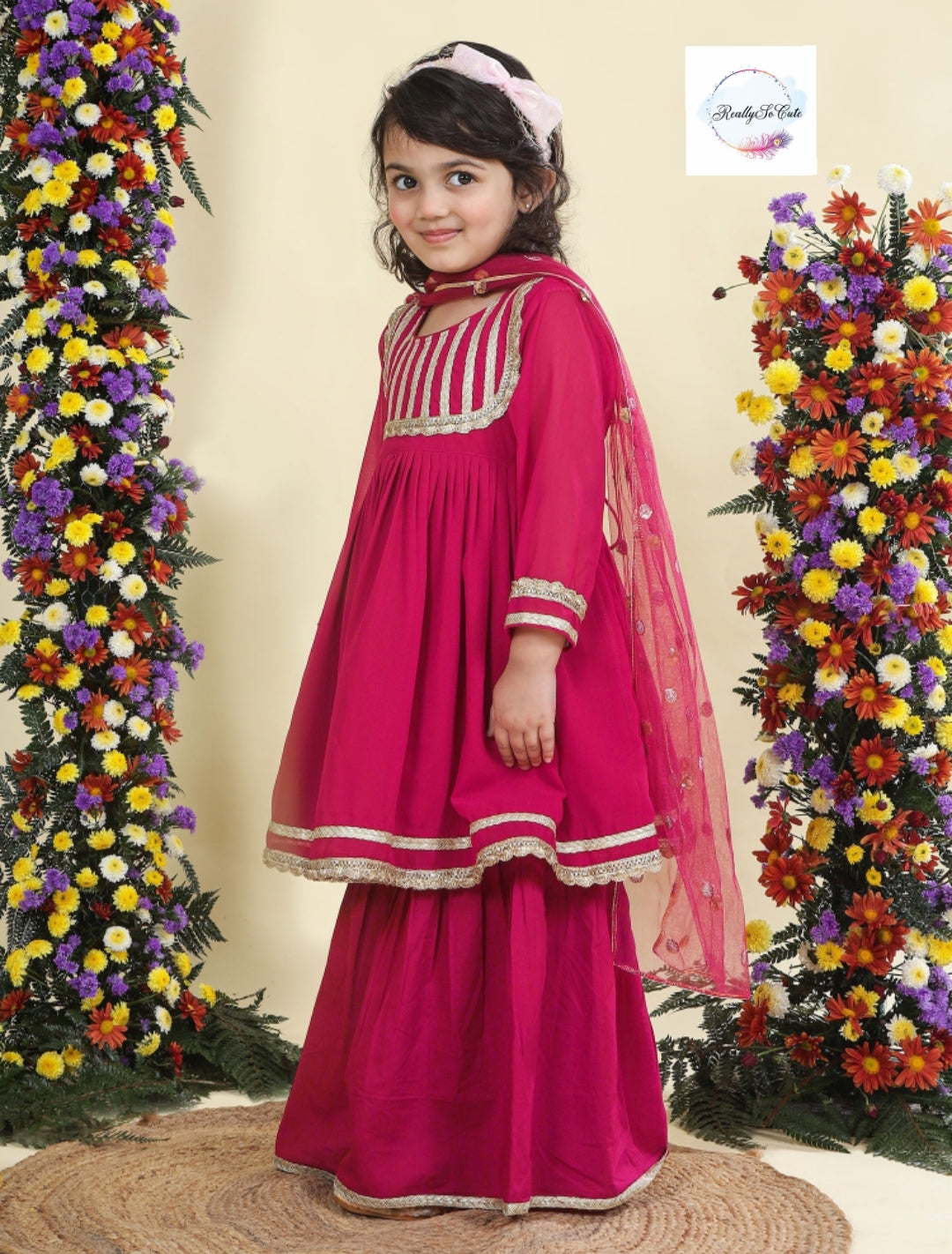 Hot pink Girls 3 piece sharara Kurti set, Soft Georgette kurti sharara set