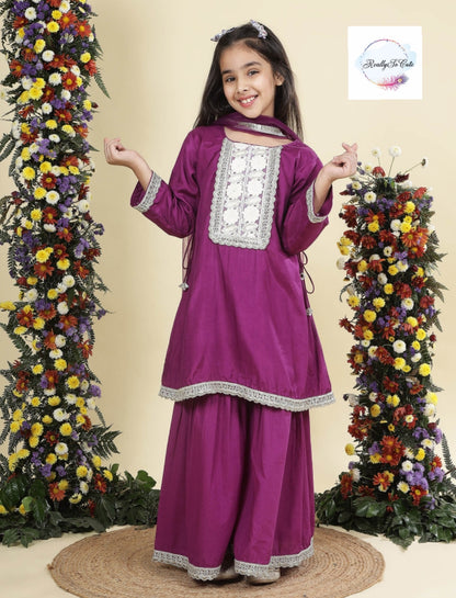 Purple silk kurti sharara dupatta set, Muslin silk kurta sharara