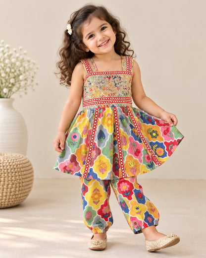 Girls Multicolor Floral Print Pure Cotton Kurti & Pant Set with Mirror Work |