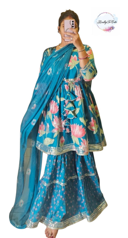 Blue pichwai sharara set, kurti sharara women