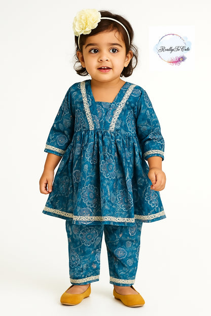 Girl co-ord set, blue chanderi silk kurta set, sibling combo