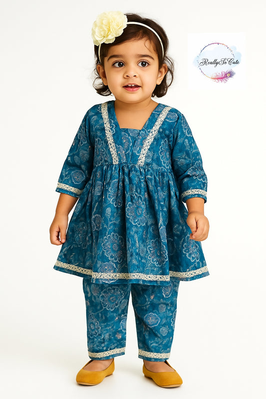 Girl co-ord set, blue chanderi silk kurta set, sibling combo