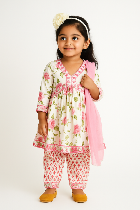 Soft cotton floral kurti pant dupatta set