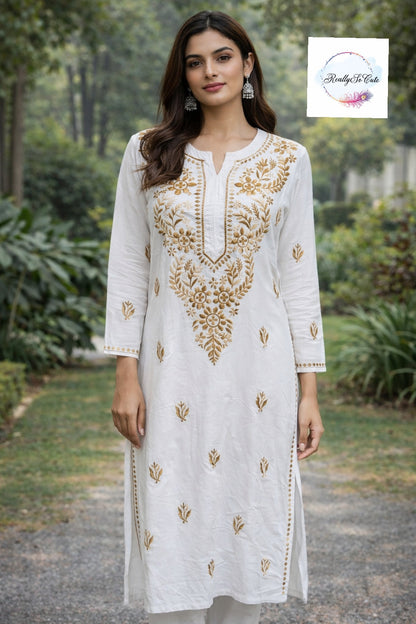 White with golden embroidery long chikankari kurti