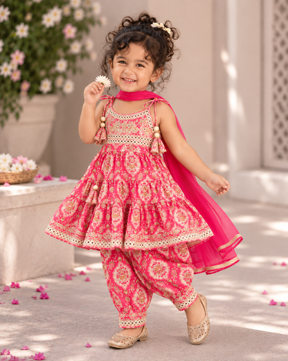 Girls Pure Cotton Floral Ethnic Set with Dupatta | Sibling Combo