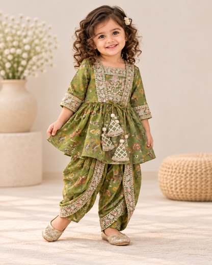 Olive Green Floral Muslin Girls Dhoti Set with Embroidered Jacket & Crop Top