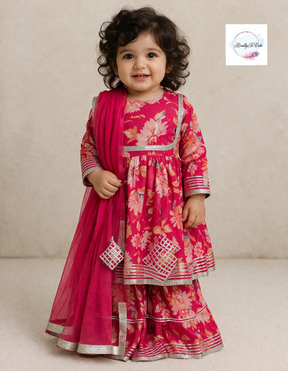 Floral Muslin Sharara Set for Girls | Soft & Breathable Ethnic Wear 18M–16Y, Hot pink kurti sharara set