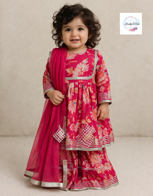 Floral Muslin Sharara Set for Girls | Soft & Breathable Ethnic Wear 18M–14Y, Hot pink kurti sharara set