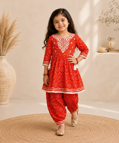 Rust Pure Cotton Mirror Work Kurta Pant Set for Girls