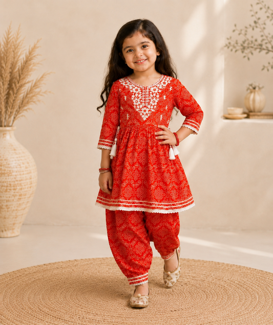 Rust Pure Cotton Mirror Work Kurta Pant Set for Girls