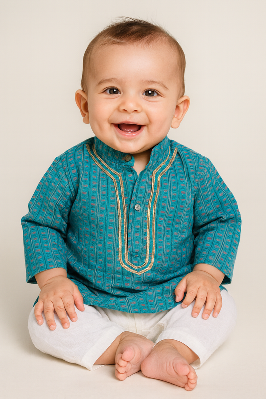 Boys   kurta pajama, blue chanderi silk kurta set