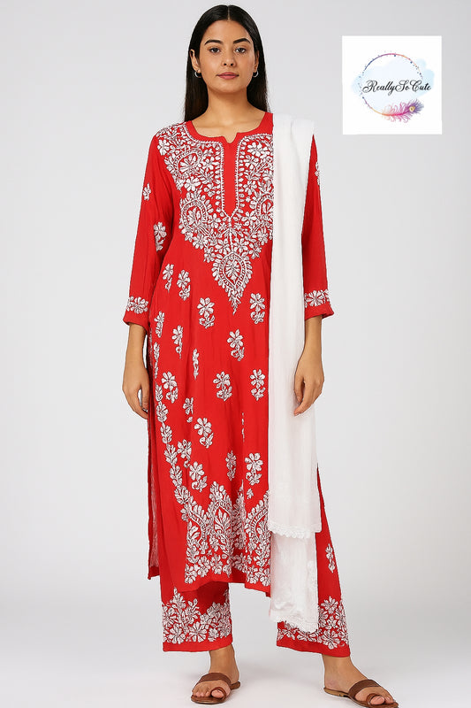 Red chikankari kurta set