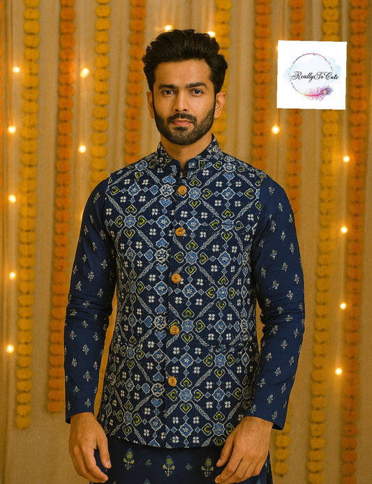 Men's patola print cotton kurta pajama, blue kurta set with jacket