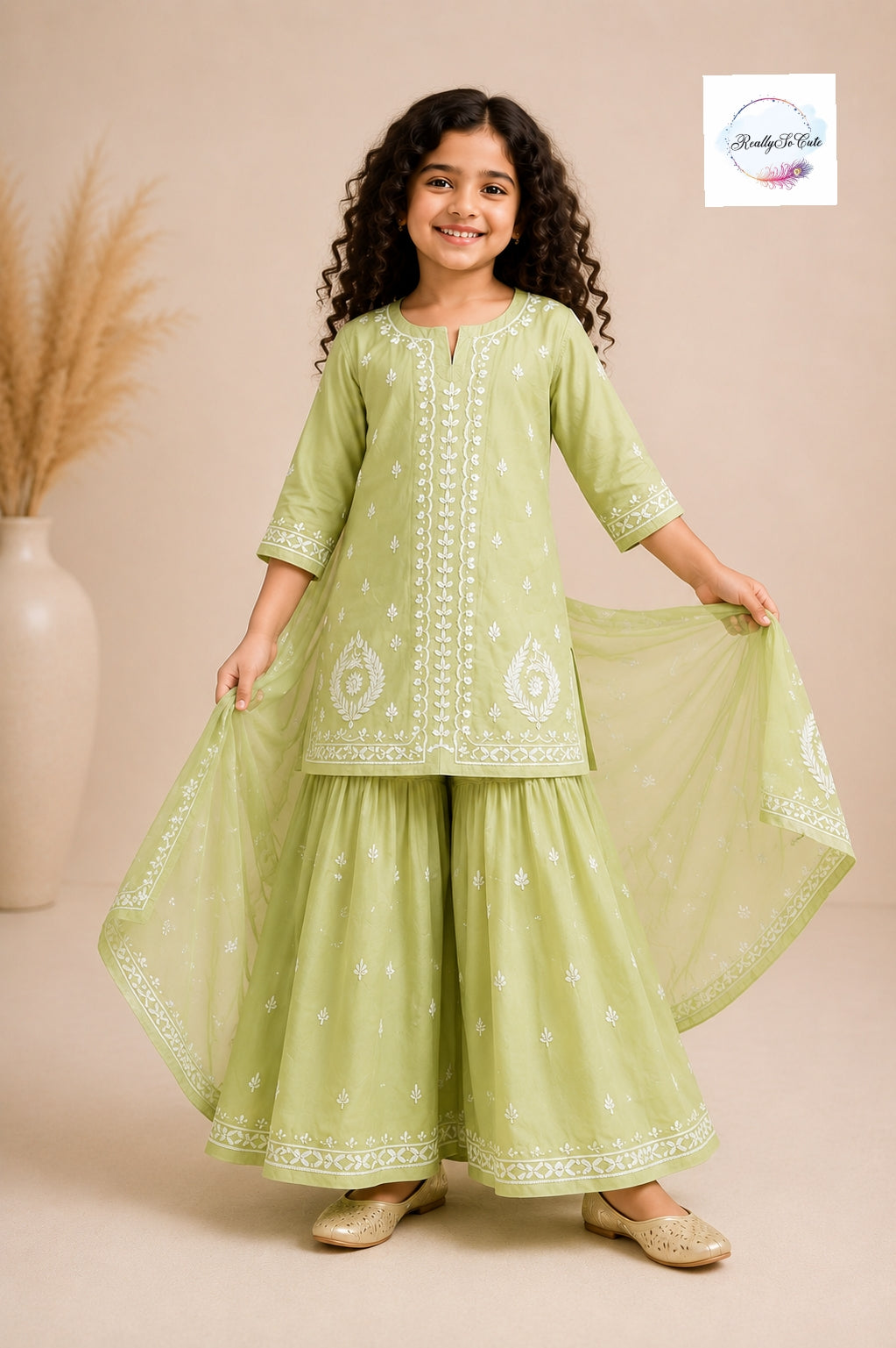 Girls Pistachio Green Chikankari Georgette 4-Piece Sharara Set
