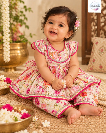 Pink Floral Pure Cotton Baby Girl Kurta Pant Set | 0–2 Years