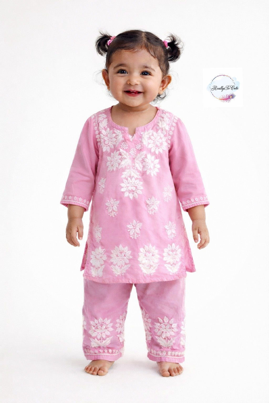 Pink Little Girls Chikankari Kurtis pant Set, Girls chanderi Chikankari Dress
