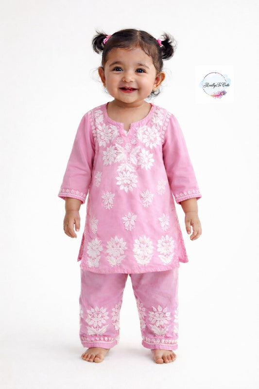 Pink Little Girls Chikankari Kurtis pant Set, Girls chanderi Chikankari Dress